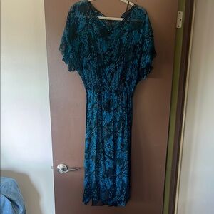 Vintage Silk Blue and Black Abstract Print Midi Dress